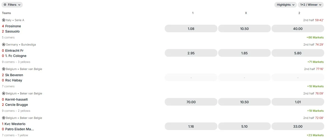 Live football odds list with 1X2 prices, match times and filter controls