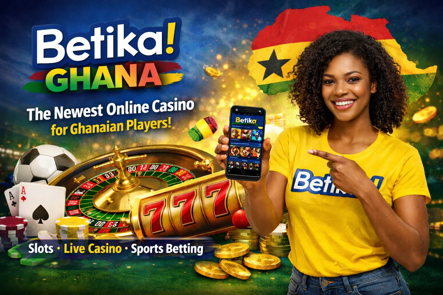 Betika casino promotion banner with roulette, playing cards and casino chips