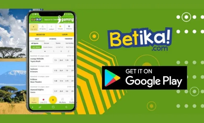 Betika app on a phone screen with register and login buttons and a Google Play badge