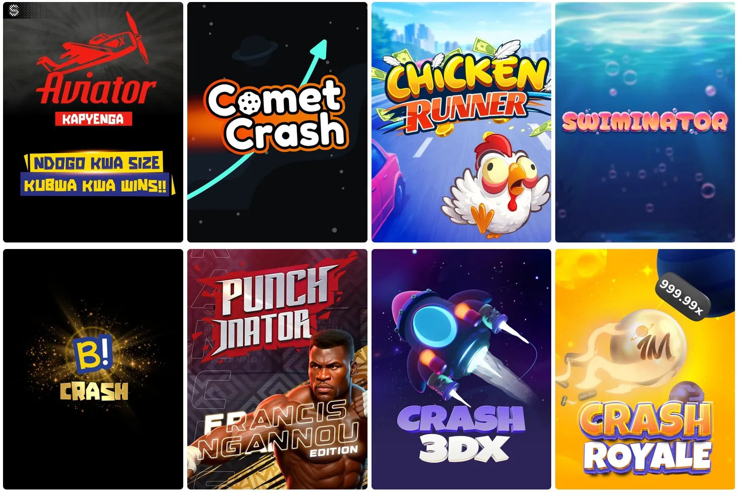 Grid of Betika crash game thumbnails including Aviator, Comet Crash and Crash Royale