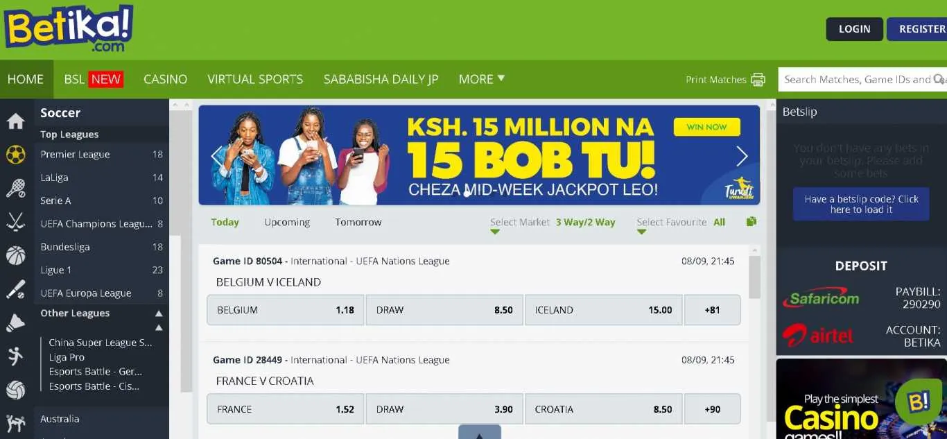 Betika sportsbook homepage with a jackpot banner, football odds and an open betslip