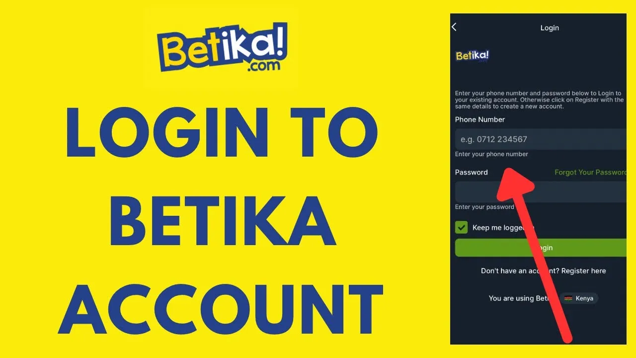Betika login tutorial showing a phone number and password field next to a mobile login screen