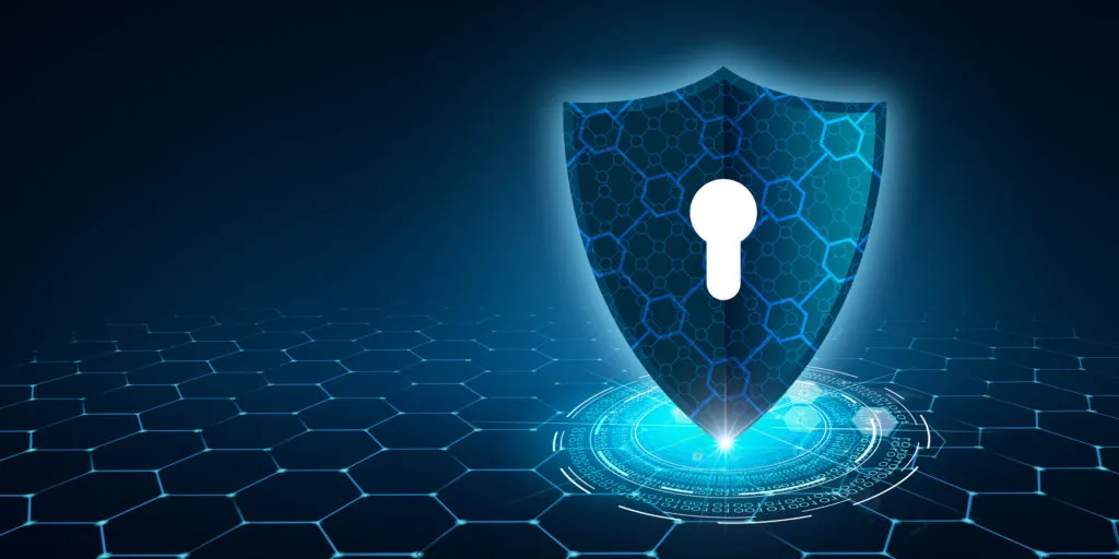 Security illustration with a glowing shield above a platform, used for account protection